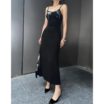 Yaz siyah elbise Baskı Sling Kolsuz Bayan Seksi Moda Sıkı Basit Mizaç 2023 YENİ Kadın uzun elbise giyim