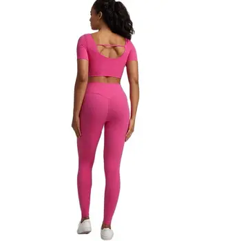 Düz Renk Yumuşak Gym Fitness Yoga Seti Legging Kısa Kollu Kesme Geri Üst 2 adet Takım Elbise Kapsamlı Eğitim Jog Kadın Yuvarlak Boyun