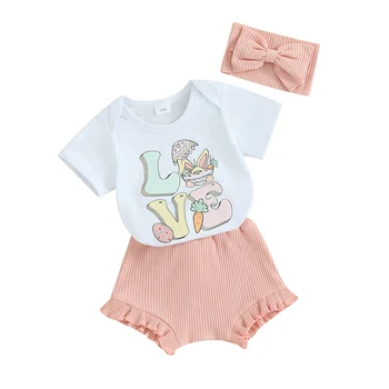 Paskalya Kıyafet Bebek Kız Yaz Yenidoğan Giysileri Bebek Tavşan Şort Kafa Bandı 3 adet Set Toddler tulum takımı