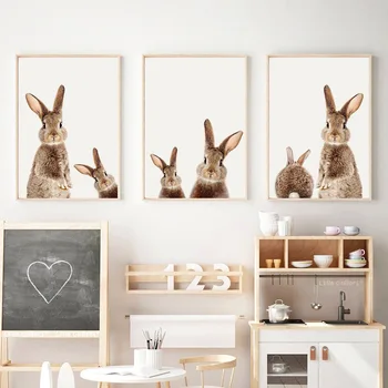 Kawaii Tavşan Aile Bebek yatak odası dekoru Duvar sanat baskı Çocuk Oturma Odası Resimleri Tuval Boyama Kreş Sevimli Posterler