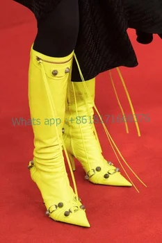 Lüks Stiletto Yüksek Topuk Perçin Zip Dekor Sivri Burun Çizmeler Kadın Moda Parti Diz Yüksek Deri Çizmeler Elbise ROMA Ayakkabı Akşam