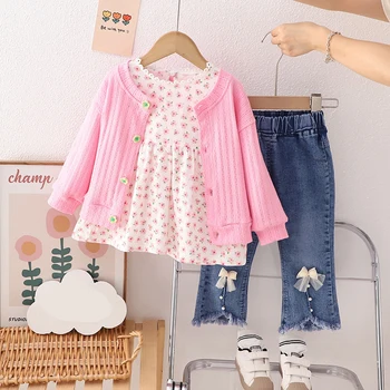 2023 Sonbahar Bebek Kız Mont Gömlek Yay Kot Çocuk giyim setleri Çiçek Prenses Elbise Bebek Kıyafetleri Çocuklar Rahat Eşofman