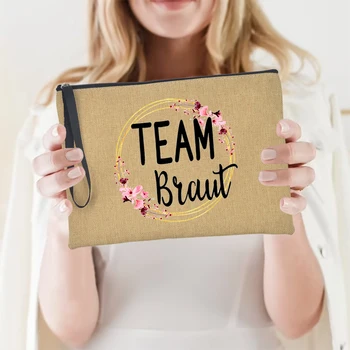 Takım Braut Kadın Keten Debriyaj Çanta Makyaj Kılıfı Çanta Gelecek Gelin Fransız Mektup Kozmetik Kılıfları Çanta Ruj Depolama Parti Düğün
