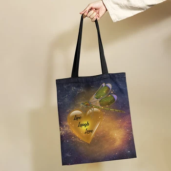 Yıkeluo Yıldız Galaxy 3D Yusufçuk kanvas çanta Canlı Gülmek Aşk Baskı kadın Büyük Kapasiteli Çevre Dostu Alışveriş Çantası Tote