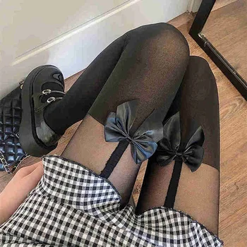 Tatlı Kız Lolita Tarzı Tayt Kadınlar Diz Çizgili Askı Patchwork Külotlu Çorap Tayt Japon Kawaii Yay Uzun Tayt