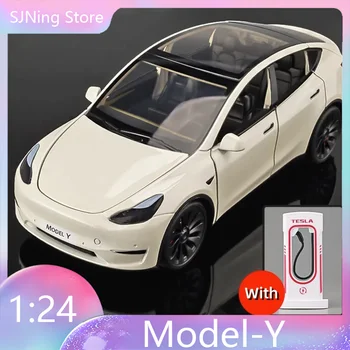 1: 24 Tesla Model-Y alaşım Araba pres döküm model oyuncak araç ses ve ışık geri çekin Metal araba simülasyon koleksiyonu oyuncaklar boys için