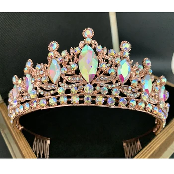 Düğün Gül Altın AB Taç Gelin Saç Takı Waterdrop Kadınlar Barok Rhinestones Kristal Tiaras Gelin Kraliçe Parti Şapkalar