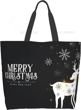 Geyik Merry Christmas omuzdan askili çanta Büyük Yeniden Kullanılabilir Çevre Dostu Alışveriş Çantaları Taşınabilir Saklama Çantası Moda Alışveriş Çantaları