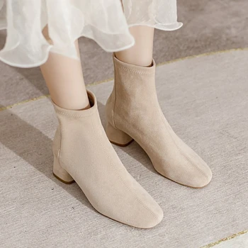 2023 Sıcak Satış Ayakkabı Kadınlar için Fermuar bayan Botları Kış Süet Kare Ayak Düz Kısa Varil Tıknaz Topuk Moda Çizmeler Zapatos