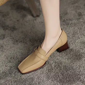 9 Yaşında Dükkanı Kare Ayak Hakiki Deri Yüksek Topuk Ayakkabı Bahar Moda Rahat Kızlar Ofis Iş Gidip Kadın Topuklu Ayakkabı