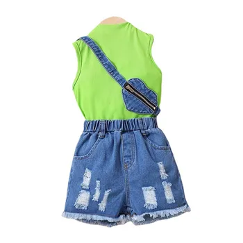 Yürüyor Çocuk Kız yaz giysileri 3 Parça Takım Elbise Katı Nervürlü Kolsuz T Gömlek + Dalgalı Kot Kısa Denim Çanta Çocuk Eşofman