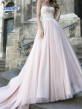 Romantik Aplikler Straplez düğün elbisesi Zarif A-line Kat uzunlukta gelin kıyafeti Plaj Vestidos De Novia