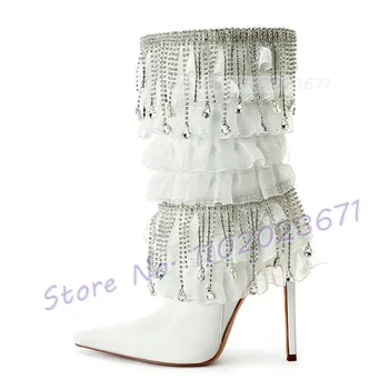 Beyaz Ruffles Stiletto Çizmeler Kadın Muhteşem Kristal Drap Sivri Orta Buzağı Çizmeler Kadın Şık Sparkly Güzel Düğün Topuklu Ayakkabı