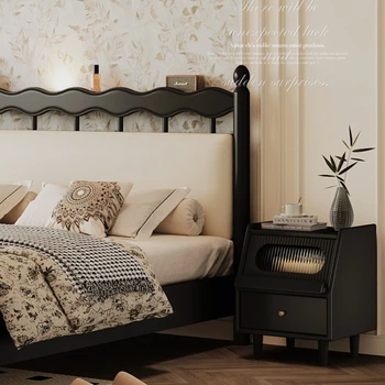 Retro katı ahşap Basit Modern Çift Kişilik yatak siyah ışık lüks Yatak Ana Yatak odası yumuşak çanta Nordic evlilik yatağı