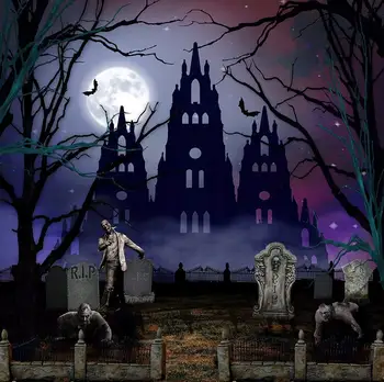 Cadılar bayramı Mezarlık Hayalet perili ev Kale mezarlık arka planında parti malzemeleri Fotoğraf Stüdyosu Arka