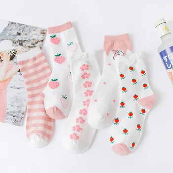 Kadın Pembe Çilek Çorap Sevimli Kiraz Çiçekleri Kafes Komik Mutlu Pamuk Çorap Bayanlar Harajuku Kawaii Chaussette