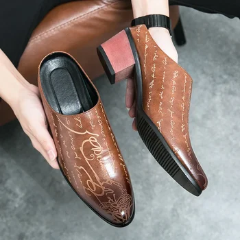 Yüksek Topuklu Sandalet Erkekler PU Baskılı Mueller Ayakkabı Nefes moda ayakkabılar Sığ Slip-on Klasik loafer ayakkabılar