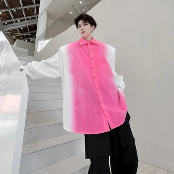 Gömlek Erkekler Rahat Günlük Sonbahar Streetwear Degrade Renk Tüm Maç Gevşek Kore Tarzı Moda Uzun Kollu Yastıklı Omuz Şık