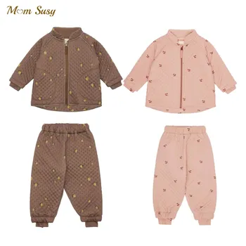 Bebek Kız Erkek Kiraz Pamuk dolgulu giysiler Seti Ceket Pantolon Bebek Yürüyor sıcak tutan kaban Pantolon İlkbahar Sonbahar Kış Bebek Giysileri 1-5Y