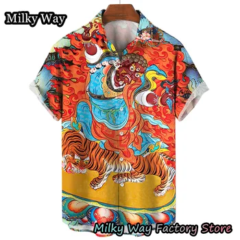 Yaz Erkekler Vintage havai gömleği Moda Plaj Giyim Rahat Kısa Kollu Streetwear Erkek Kaplan Desen Düğmeli Gömlek