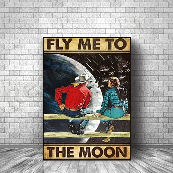 Beni aya götür baskılar, beni aya götür retro poster, uzay ay retro poster, uzay çift retro poster hediye dekorasyon