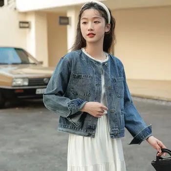Mavi Kot Ceket Kadın Japonya ve Kore Retro Basit Yuvarlak Yaka Cep Tek göğüslü Kısa Bölüm Ceket Üstleri Jean Ceket