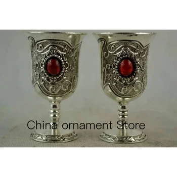 İşi Miao Gümüş Oyma Desen ve Kakma Kırmızı Boncuk Şarap Bardağı metal el sanatları