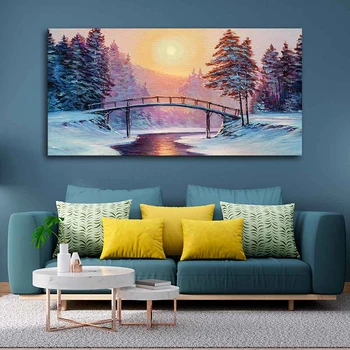 Soyut Premium Duvar Posteri ve Baskılar Kış Manzara Nehir Noel Dekorasyon Boyama Oturma Odası Dekor için