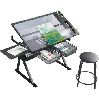 Ayarlanabilir Cam çizim masası Yüksekliği Ayarlanabilir Temperli Cam Sanatçılar çizim masası Depolama ile Sanat Zanaat Masası İş İstasyonu