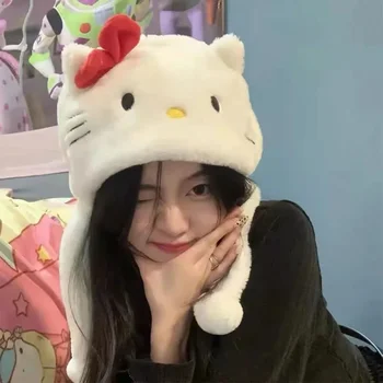 Kawaii Sanrios Hello Kitty Peluş Şapka Anime Kış Sıcak golf sopası kılıfı Öğrenciler Sevimli Soğuk Rüzgar Geçirmez Kap Kızlar Korumak Moda Kulak Kapağı
