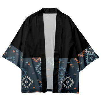 Japon Streetwear Geometri Kimono Hırka Kadın Erkek Yukata Harajuku Haori Robe Cosplay Kimono Gömlek Geleneksel Giysiler