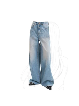 Kadın Mavi Kot Vintage 2000s Y2k 90s Estetik Büyük Boy Kot Pantolon Kore Yüksek Bel Geniş Bacak Kovboy Pantolon 2023 Elbise
