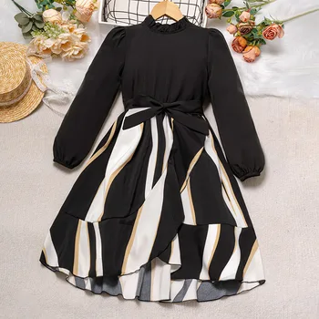 2023 Kış Yeni Kız Elbise Uzun Kollu O Boyun Patchwork Siyah Sevimli Tasarımcı Kız Prenses Elbise Vestido 8-12T