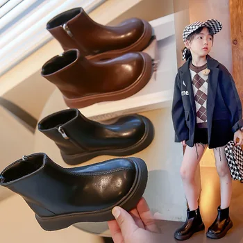 Sonbahar Kış çocuk Ayak Bileği Patik Kız Moda Tek binici çizmeleri 2-10Years Eski Çocuklar Rahat deri ayakkabı Siyah Kahverengi