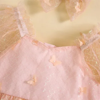 Bebek Kız 2 Parça Kıyafet Kısa Puf Kollu Fırfır Trim Örgü Romper Elbise 3D Yay Bandı Bebek Yürüyor Kız Sevimli Seti
