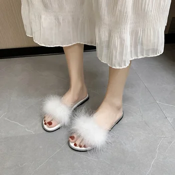 Tüy Terlik Kadınlar İçin 2024 Yaz Moda Burnu açık Kürk Sandalet Bayanlar Katır Slayt Zapatos De Mujer Slaytlar Sapatos Femininos