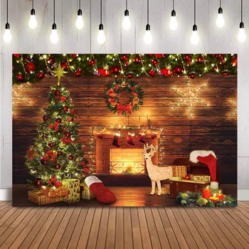 Fotoğraf backdrop Noel şömine fotoğraf kabini arka plan stüdyo Noel ağacı çelenk glitter yıldız Noel photocall