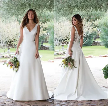 Zarif A-Line V Yaka düğün elbisesi 2022 Saten Basit Gelin Elbiseler Vestido de Noiva Vintage Aç Geri Kolsuz gelinlik