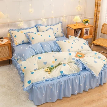 Kore Prenses tarz yatak takımı Seti Kadınlar İçin Fırfır Dantel Nevresim Lüks Çiçek Yatak Etek Sac Yatak Odası Tekstili