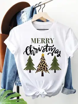 Leopar Trend 90s Güzel Tarzı Giyim Merry Christmas Yeni Yıl Grafik T-Shirt Baskı Moda Kadın Kısa Kollu Üst Tee