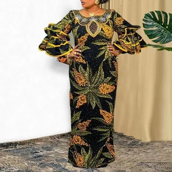 Afrika Abaya Dashiki Baskı Elbiseler Kadınlar İçin Geleneksel Ankara Kıyafetler 2023 Sonbahar Fırfır Maxi Elbise Türkiye Nijeryalı Elbise