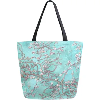 Van Gogh bez alışveriş çantası Omuz Rahat Kitap Çantası Büyük Kadınlar için Çiçek Kiraz alışveriş çantası Yeniden Kullanılabilir Çok Amaçlı Kullanım