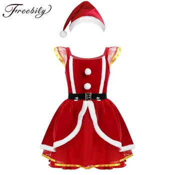 Çocuklar Noel Kırmızı Yumuşak Kadife Noel Baba Elf Kostüm Kızlar Noel Cosplay Prenses Örgü Tutu Parti Elbise Şapka Seti