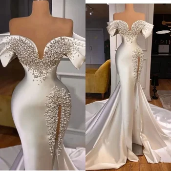 Sevgiliye Ağır Kristaller Boncuk Mermaid düğün elbisesi Şapel Tren Vestido De Casamento Kapalı Omuz Saten gelinlikler