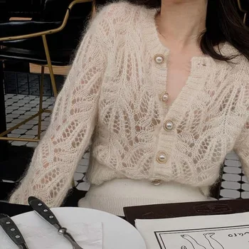 Örme Ince Kazak Üstleri Kadın Giyim Çekin Femme Moda Tiftik Beyaz Tatlı Kırpılmış Hırka Hollow Out Seksi Sueter Mujer
