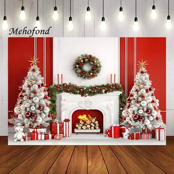Mehofond Fotoğraf Arka Plan Kırmızı Noel Şömine Kış Hediyeler Noel Ağacı Çocuklar Aile Portre Dekor fotoğraf arka fonu Stüdyosu