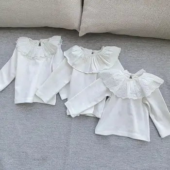 2024 Bahar Kız Bebek Katı Büyük Yaka Uzun Kollu Gömlek Moda Çocuk Lotus Yaka Kazak Gömlek Bebek pamuklu üst giyim Giysileri