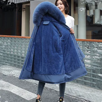 UHYTGF Kalite Aşağı Pamuk Kış Parkas Coat Kadınlar Için Kürk Yaka Kapşonlu Soğuk Geçirmez Sıcak Ceket Kadın Peluş Giyim 6XL 2063