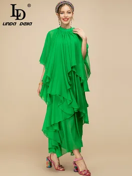 LD LINDA DELLA 2023 Moda Pist yaz elbisesi kadın Standı yaka Kuşaklı Ruffles Yeşil Tatil Elegance Parti Elbise