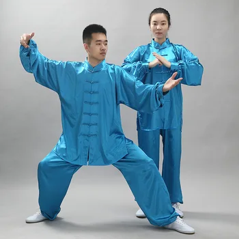 Unisex Katı Tai Chi Takım Elbise Bahar Yaz Kung Fu Üniforma Uzun Kollu 2 ADET Gömlek ve Pantolon Kadın ve Erkek Wushu Takım Elbise Sabah Egzersiz Setleri